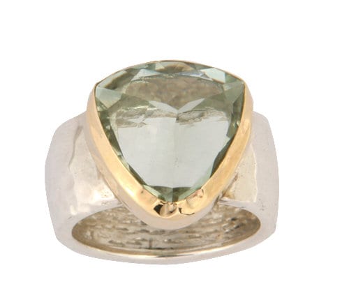 Natural Green Amethyst Gemstone Two Tone Solid 9k Yellow Gold &amp; 925 Silver Statement Ring Front Width mm: 15 Back Width mm: 11 Thickness mm: 2 Hight Above The Finger mm: 7 Main Stone Color: Green Total Carat Weight (TCW): 9.6 Weight gr.: 7.7