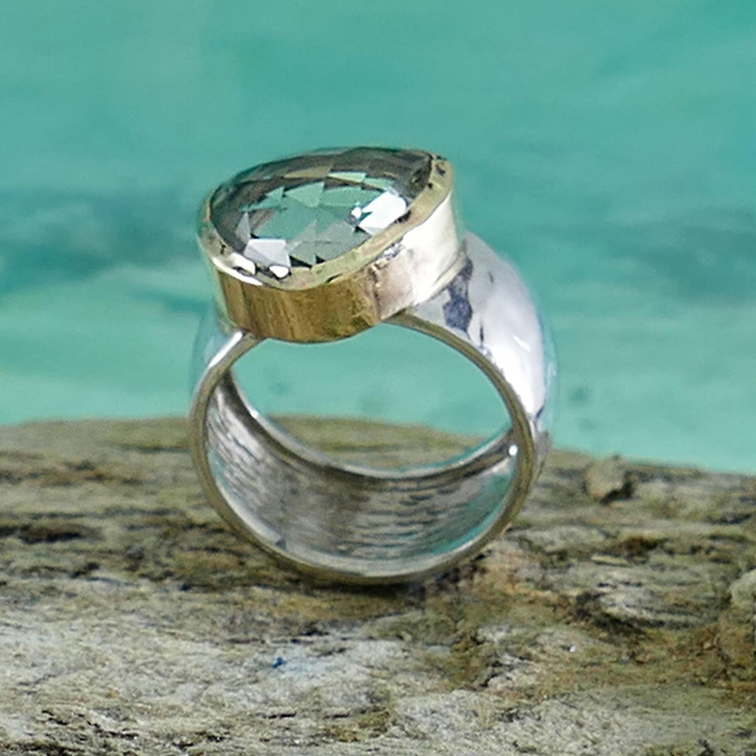 Gilded Serenity: Silver and Gold Ring with Green Amethyst Gemstone, Statement Ring