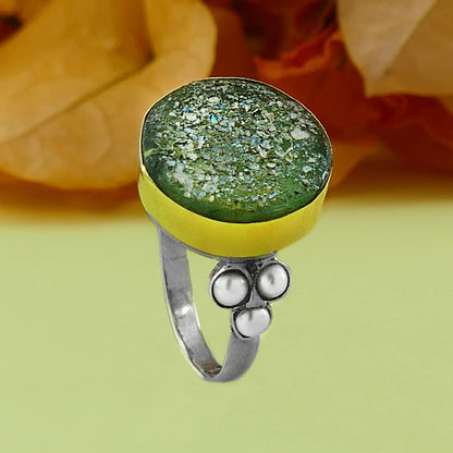 Green Acient Roman Glass Statement Ring Two Tone Solid 9 karat Yellow Gold and 925 Sterling Silver Ring White Pearl accents