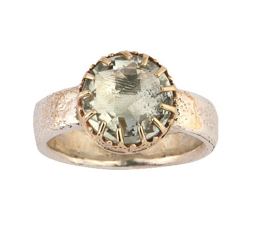 3.5 Carat Natural Green Amethyst Gemstone Two Tone Solid 9k Yellow Gold &amp; 925 Sterling Silver Solitaire Ring Gemstone ring,Mixed metal ring