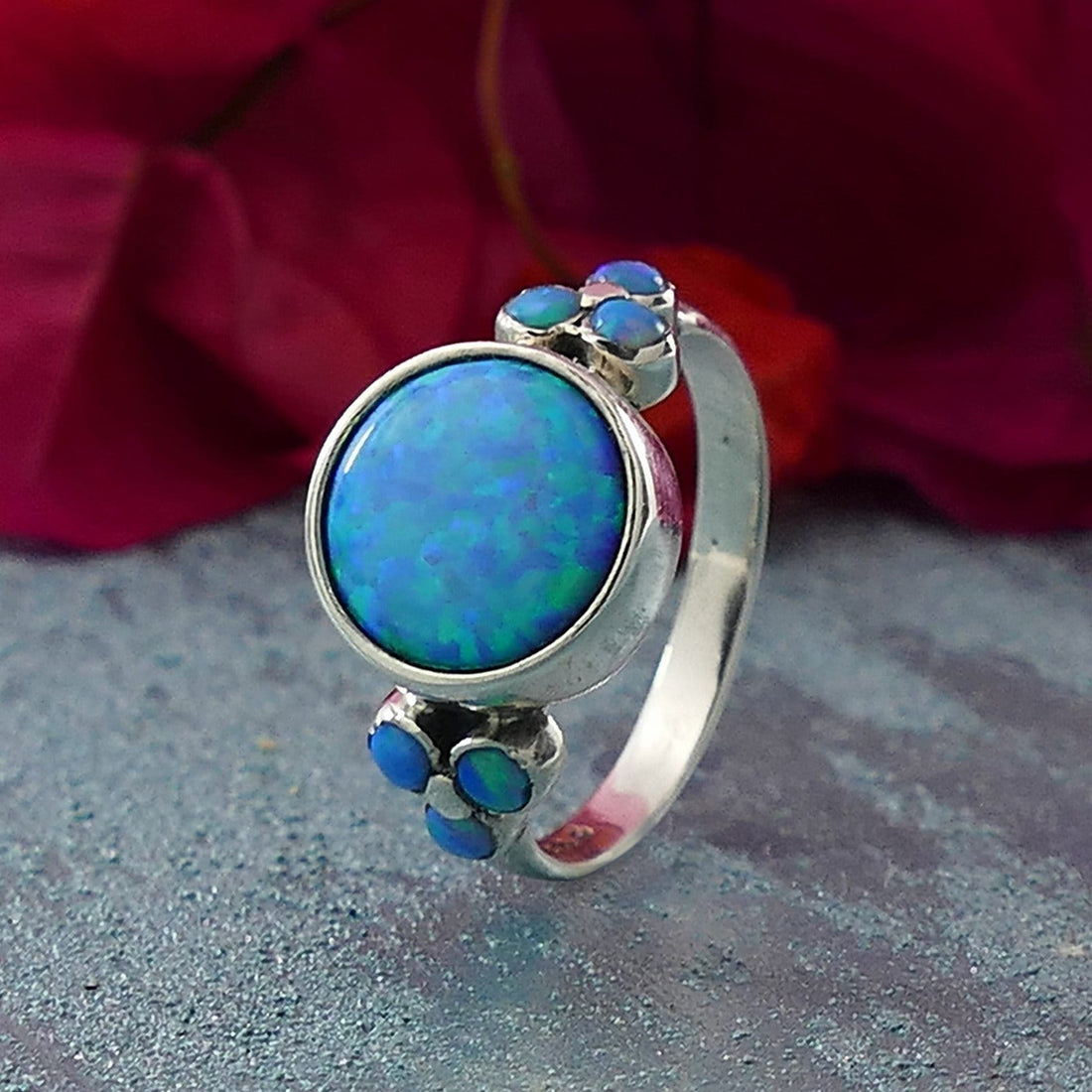 2.5 Carat Blue Opal Stones 925 Sterling Silver Solitaire with Accents Ring Set Setting Gemstone ring, Gypsy ring, Bohemian ring, Hippie ring