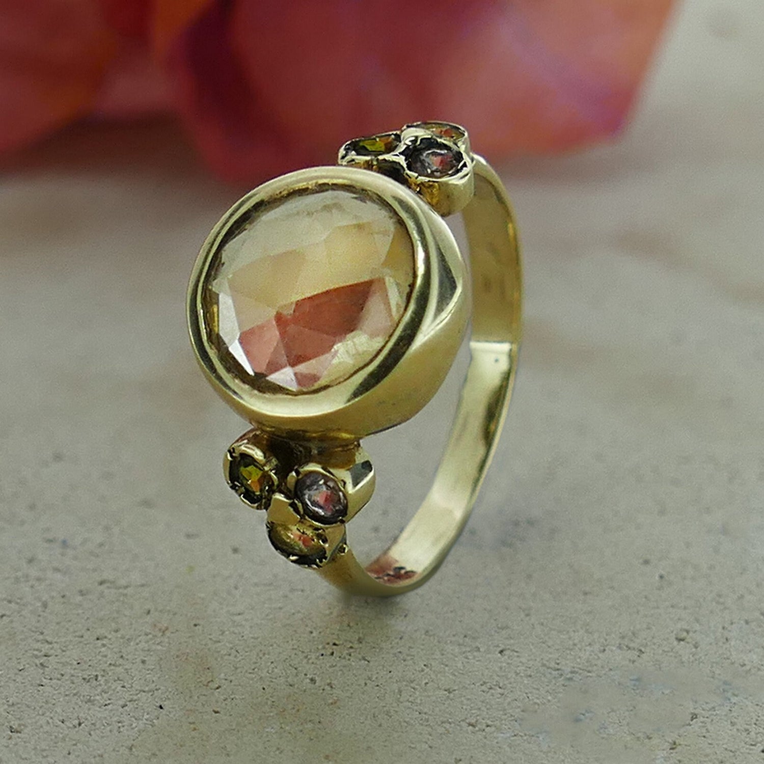 3.8 Carat Natural Yellow Citrine And Multi-Color Tourmaline Gemstones Solid 14k Yellow Gold Solitaire with Accents Ring Gemstone ring