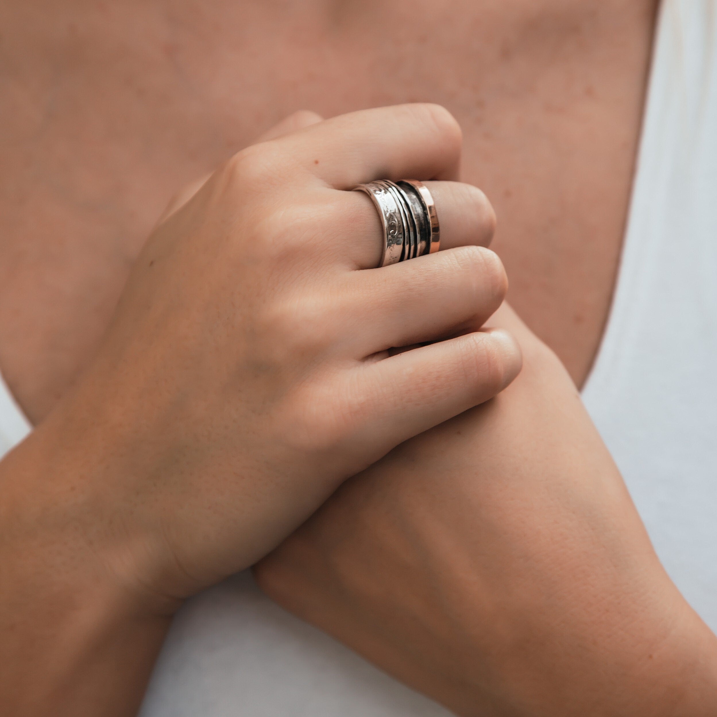 SPIRA Handcrafted Vintage Design Two Tone Solid 9k Rose Gold And 925 Sterling Silver Spinner Ring, Gypsy ring, Bohemian ring, Hippie ring