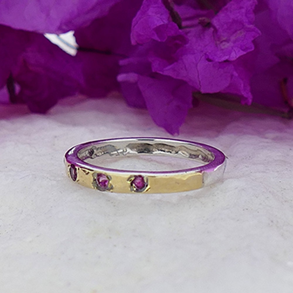 Pink Tourmaline Two Tone Stackable Ring Solid 9 Karar Yellow Gold and 925 Sterling Silver