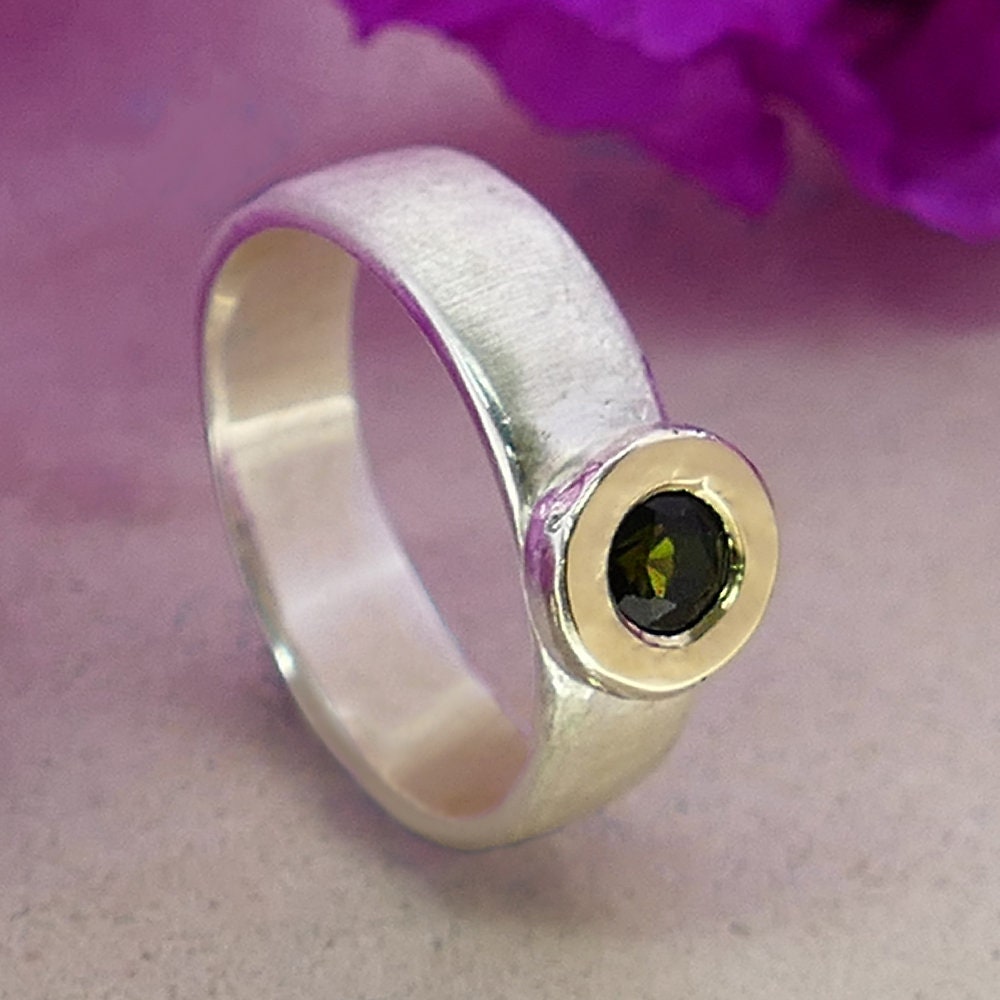 Tourmaline Mixed Metal Ring 0.26 Carat Natural Green Tourmaline Gemstone Two Tone Solid 9k Yellow Gold &amp; 925 Sterling Silver Solitaire Ring