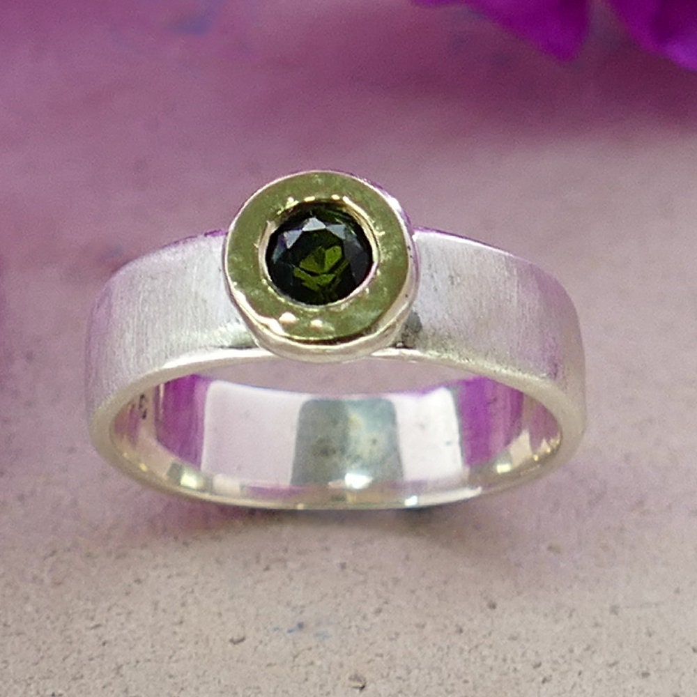 Tourmaline Mixed Metal Ring 0.26 Carat Natural Green Tourmaline Gemstone Two Tone Solid 9k Yellow Gold &amp; 925 Sterling Silver Solitaire Ring