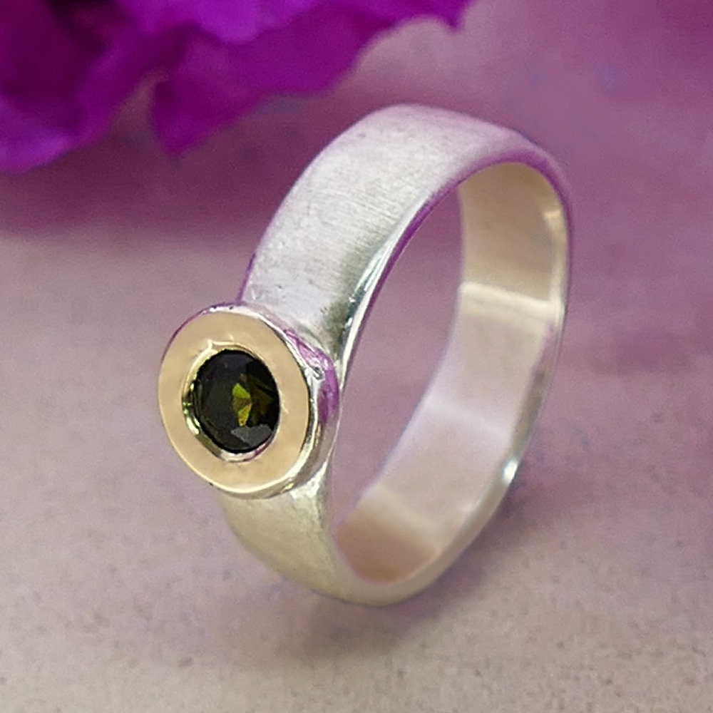 Tourmaline Mixed Metal Ring 0.26 Carat Natural Green Tourmaline Gemstone Two Tone Solid 9k Yellow Gold &amp; 925 Sterling Silver Solitaire Ring