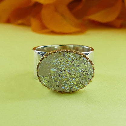 White Agate Druzy Quartz ring Two Tone Solid 9 karat Yellow Gold and 925 Sterling Silver