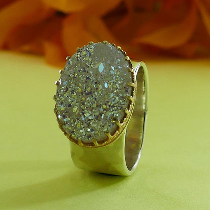 White Agate Druzy Quartz ring Two Tone Solid 9 karat Yellow Gold and 925 Sterling Silver