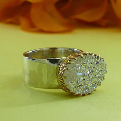 White Agate Druzy Quartz ring Two Tone Solid 9 karat Yellow Gold and 925 Sterling Silver