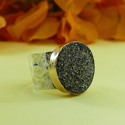 Natural crystal quartz Large Statement Two Tone Ring Gray Agate Druzy Stone Solid 9 karat Yellow Gold and 925 Sterling Silver