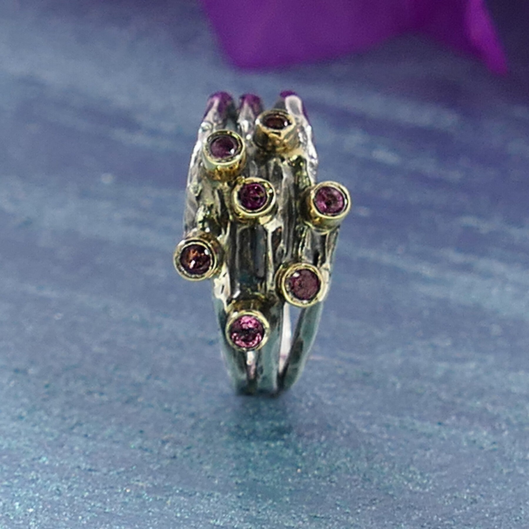 Natural Pink Tourmaline Two Tone Solid 9k Yellow Gold and 925 Sterling Silver Statement Ring