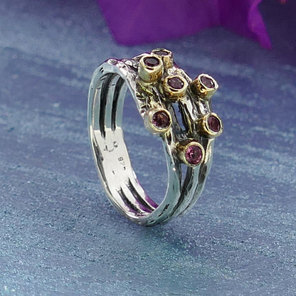 Natural Pink Tourmaline Two Tone Solid 9k Yellow Gold and 925 Sterling Silver Statement Ring