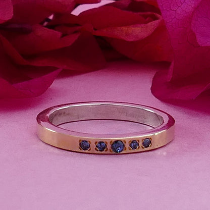 Engagement ring 0.2 Carat Natural Round Blue Diamonds Mixed metal ring Two Tone Solid 9k Yellow Gold and 925 Sterling Silver Stackable Ring