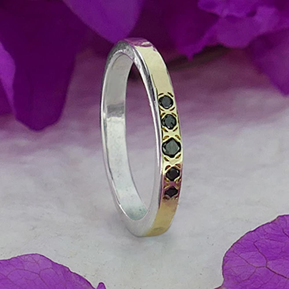 0.2 Carat Natural Round Black Diamonds Two Tone Solid 9k Yellow Gold&amp;925 Sterling Silver Stackable Ring Set Setting,Minimalist Diamond Band