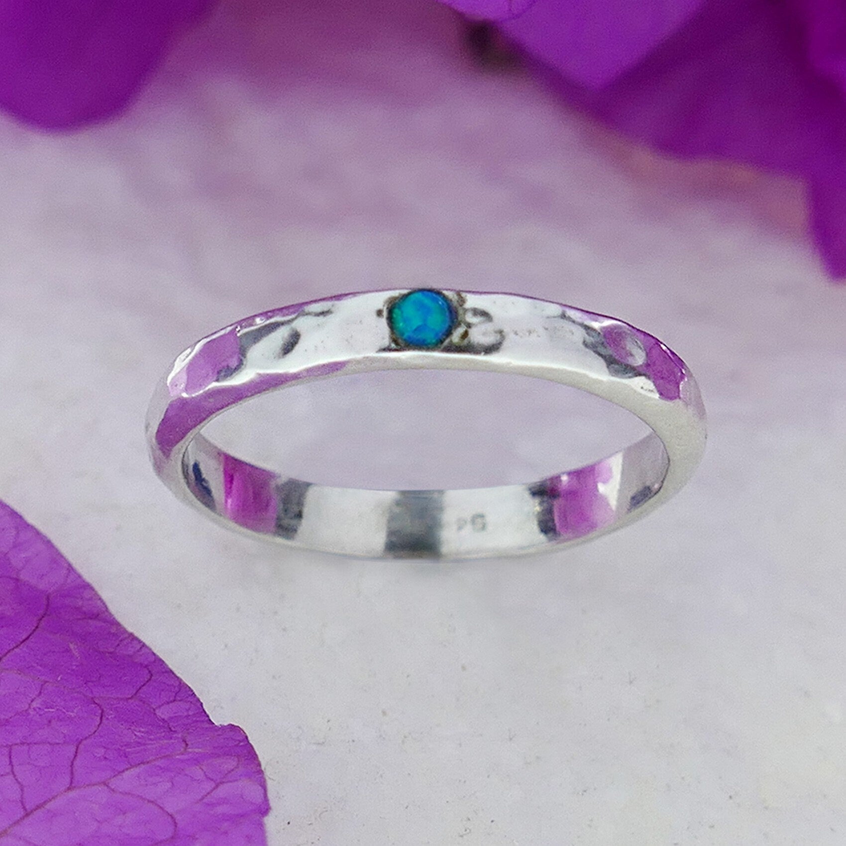 925 Sterling Silver Hammered Stackable Ring Set with Blue Opal Stone, Minimalist Ring