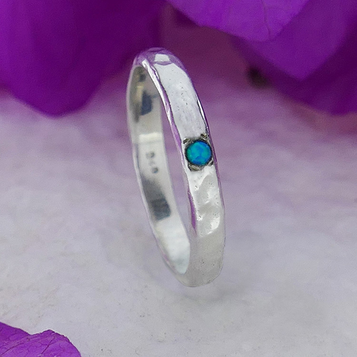 925 Sterling Silver Hammered Stackable Ring Set with Blue Opal Stone, Minimalist Ring