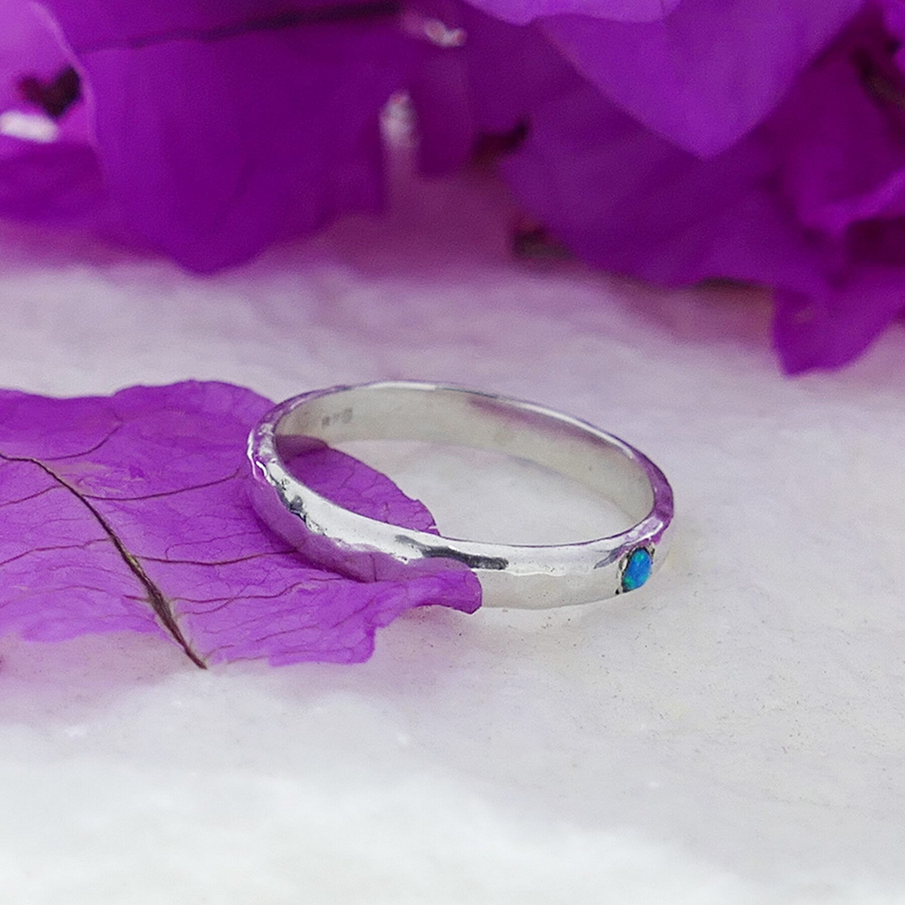 925 Sterling Silver Hammered Stackable Ring Set with Blue Opal Stone, Minimalist Ring