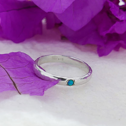 925 Sterling Silver Hammered Stackable Ring Set with Blue Opal Stone, Minimalist Ring