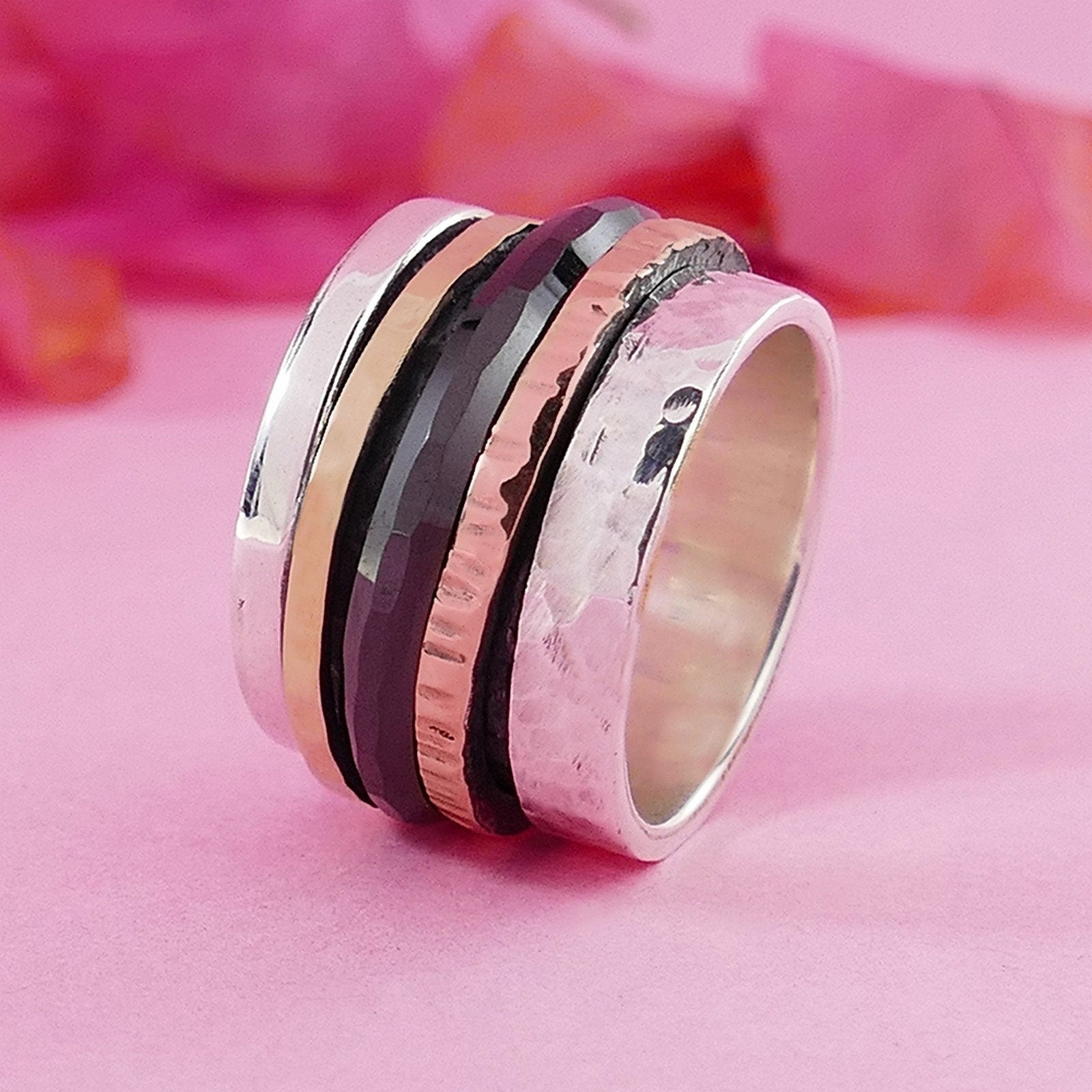 Unique Handcrafted Black Ceramic Silver Spinner Ring Two Tone Solid 9k Yellow and Rose Gold 925 Sterling Silver