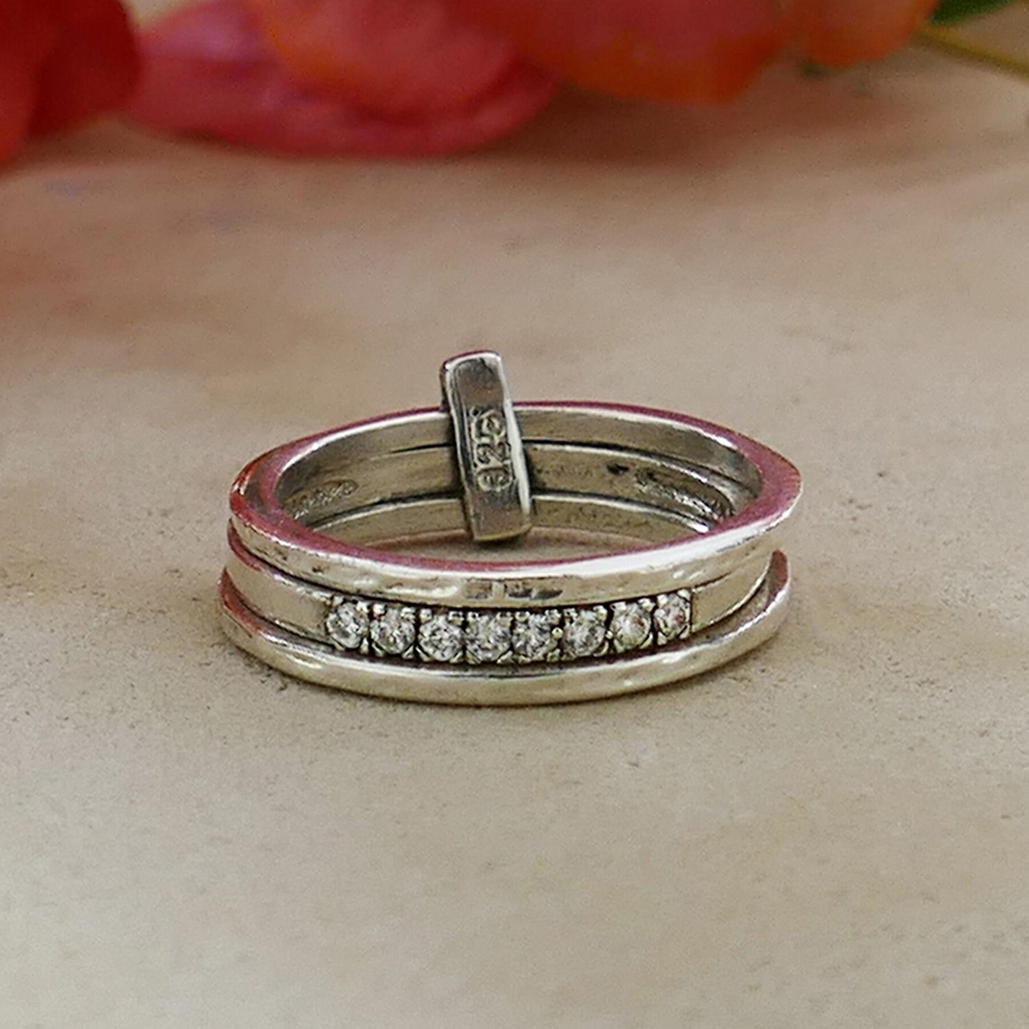 Unique 925 Sterling Silver Stackable Ring 0.64 Carat White Cubic Zirconia Stone Set Setting, Gypsy ring, Bohemian ring,Hippie ring,boho ring