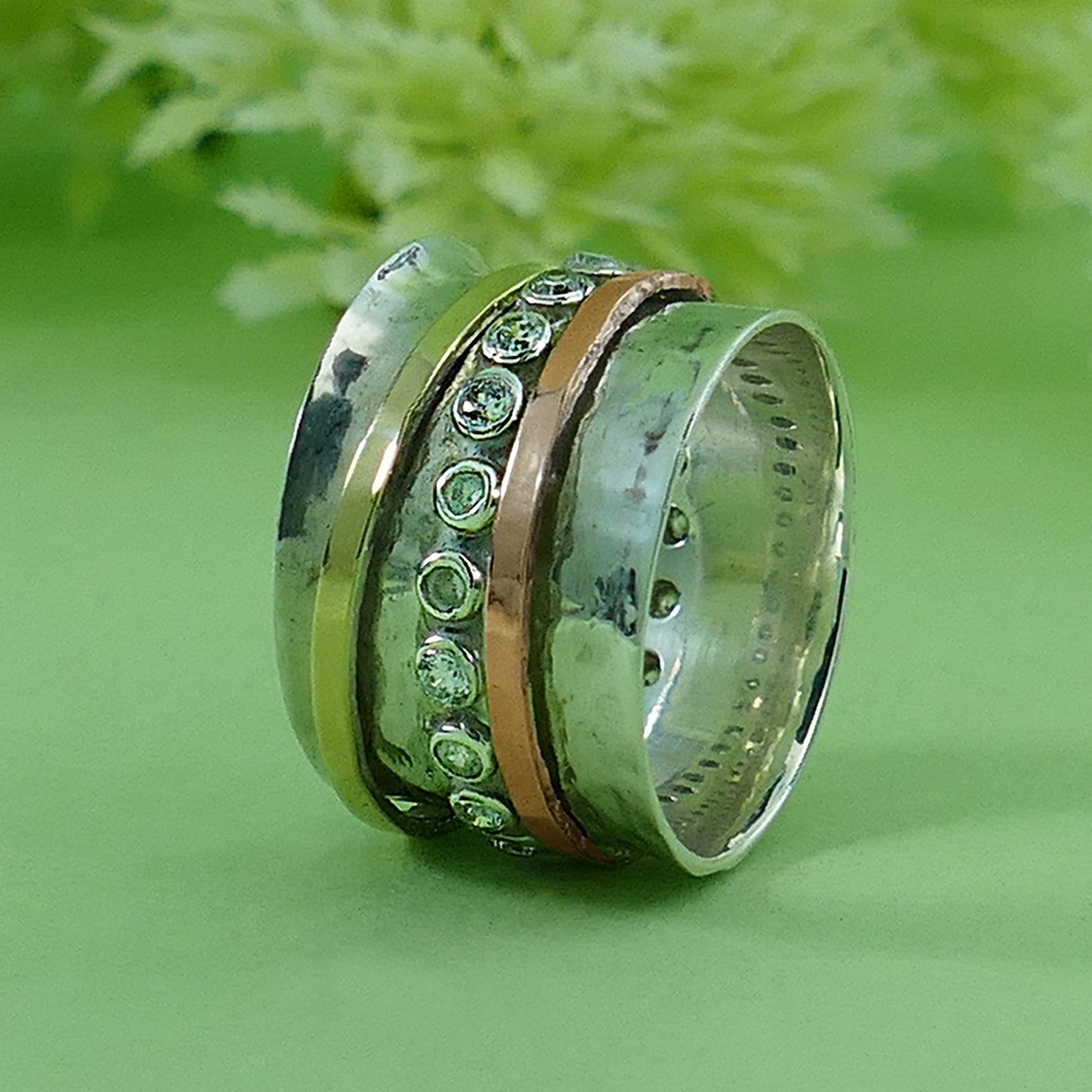 Mixed Metal Ring Gold Spinner Ring For Woman Two Tone Solid 9k Yellow and Rose Gold 925 Sterling Silver Cubic Zirconia Stone, Boho Ring