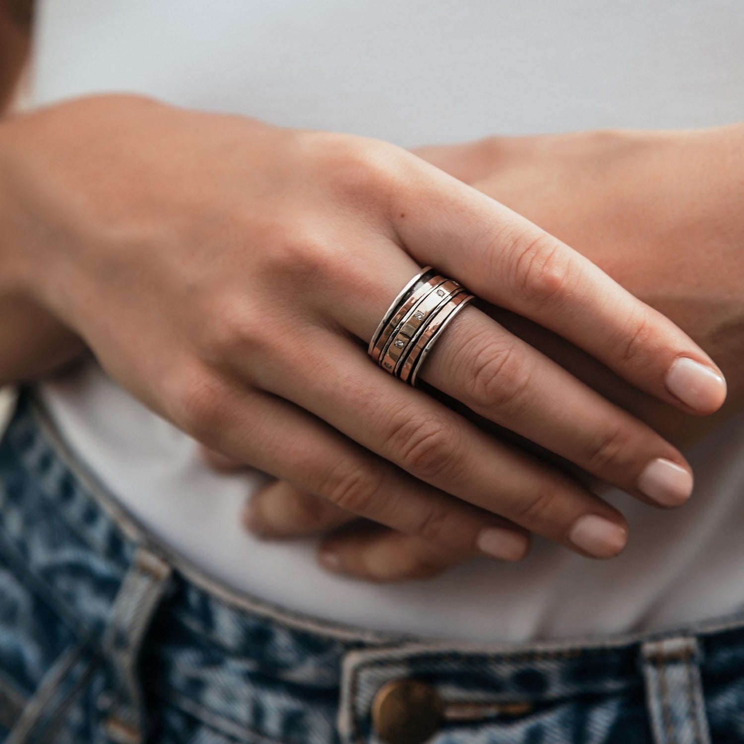 Unique Mixed Metal Spinner Ring Cubic Zirconia Stone Two Tone Solid 9k Yellow and Rose Gold 925 Sterling Silver Set Setting, Bohemian ring