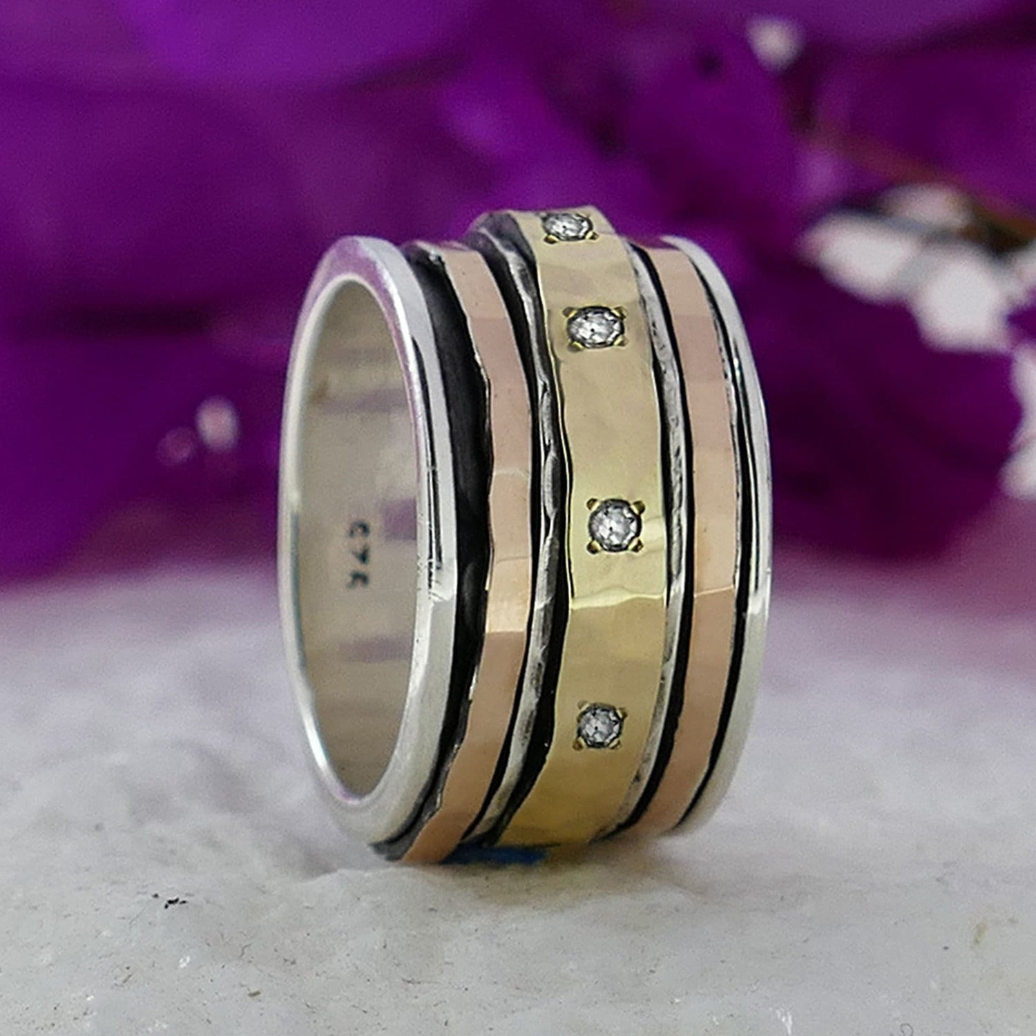 Unique Mixed Metal Spinner Ring Cubic Zirconia Stone Two Tone Solid 9k Yellow and Rose Gold 925 Sterling Silver Set Setting, Bohemian ring