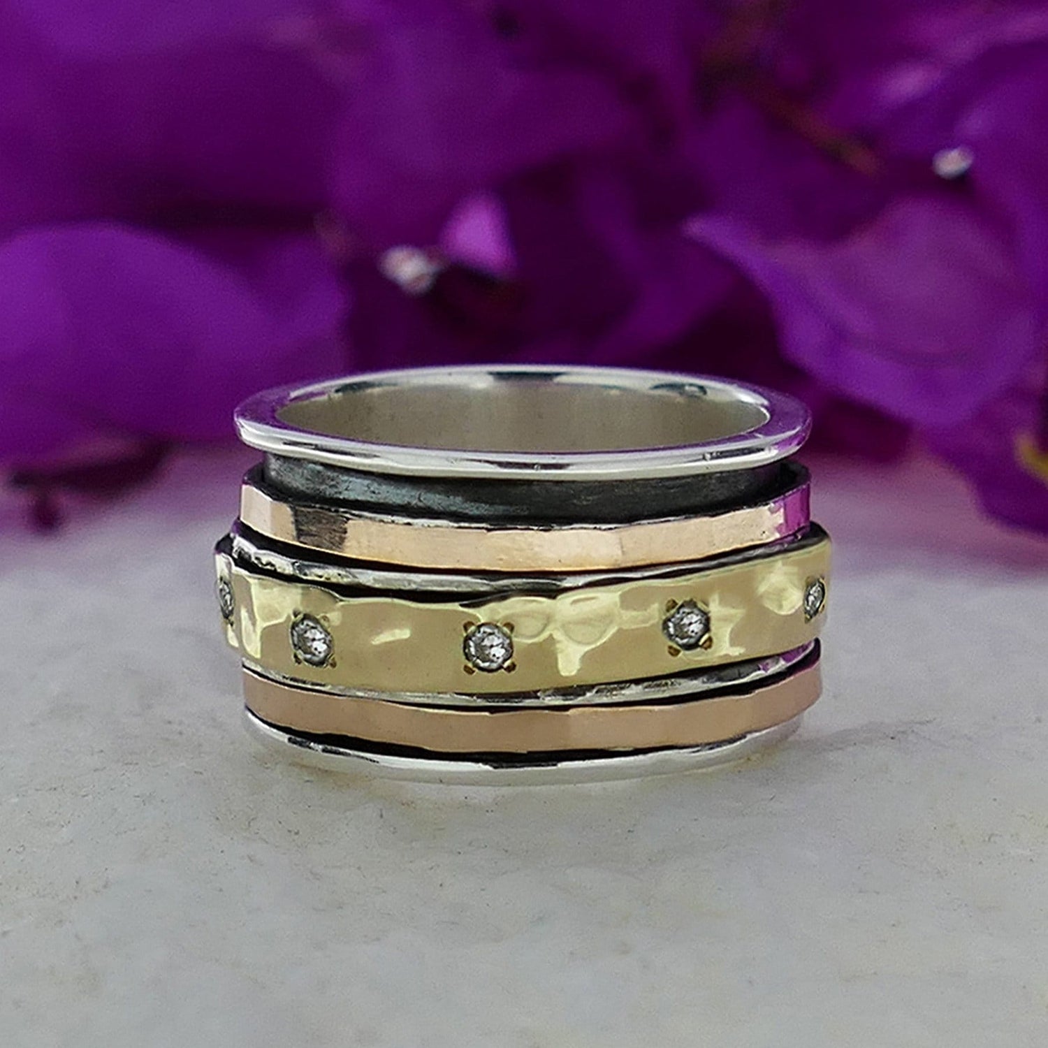 Unique Mixed Metal Spinner Ring Cubic Zirconia Stone Two Tone Solid 9k Yellow and Rose Gold 925 Sterling Silver Set Setting, Bohemian ring