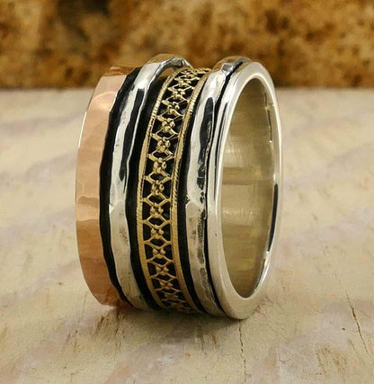 SPIRA Retro-Style Fidget Ring for Women | Two-Tone Spinner Ring Solid 9k Yellow &amp; Rose Gold And 925 Sterling Silver Spinner Ring Design: 