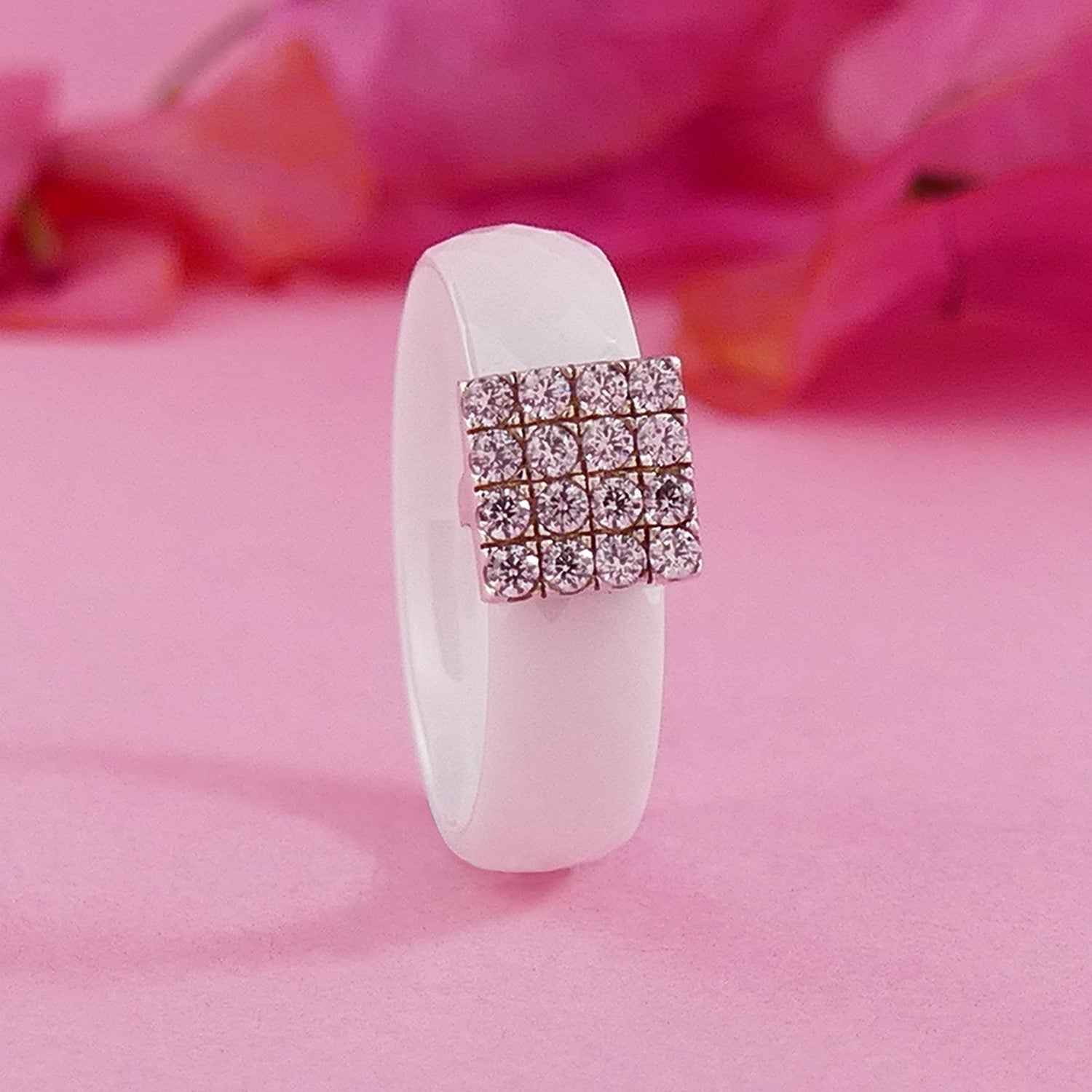 Unique White Ceramic 925 Sterling Silver Statement Ring Cubic Zirconia Stone