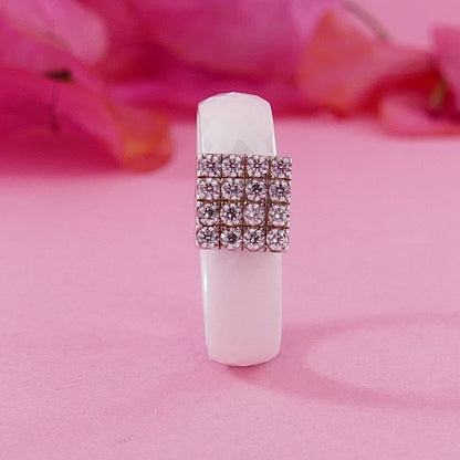 Unique White Ceramic 925 Sterling Silver Statement Ring Cubic Zirconia Stone