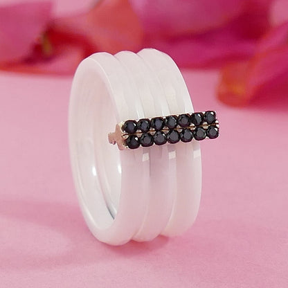 Black Spinel White Ceramic Stackable Ring 925 Sterling Silver, Bohemian ring