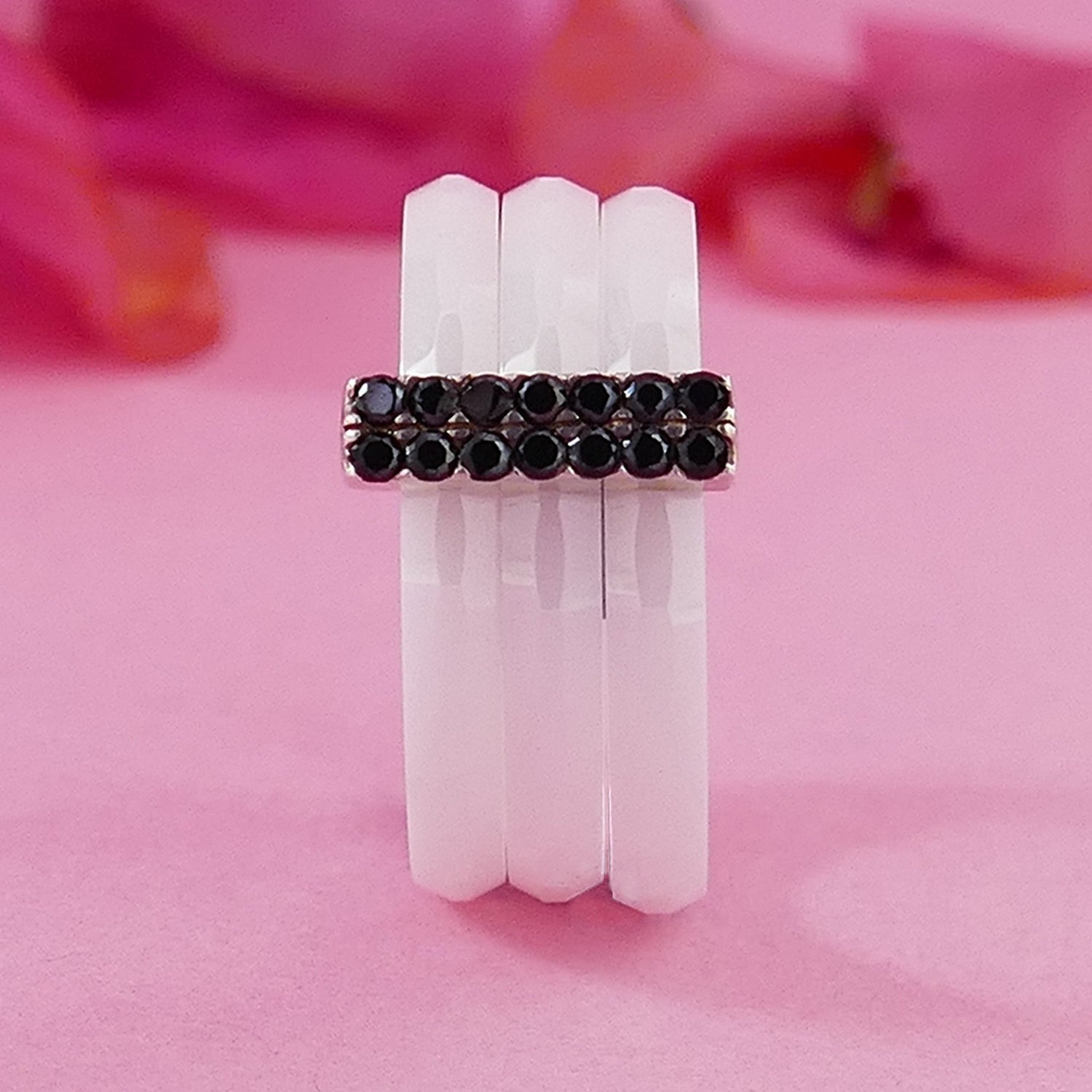 Black Spinel White Ceramic Stackable Ring 925 Sterling Silver, Bohemian ring