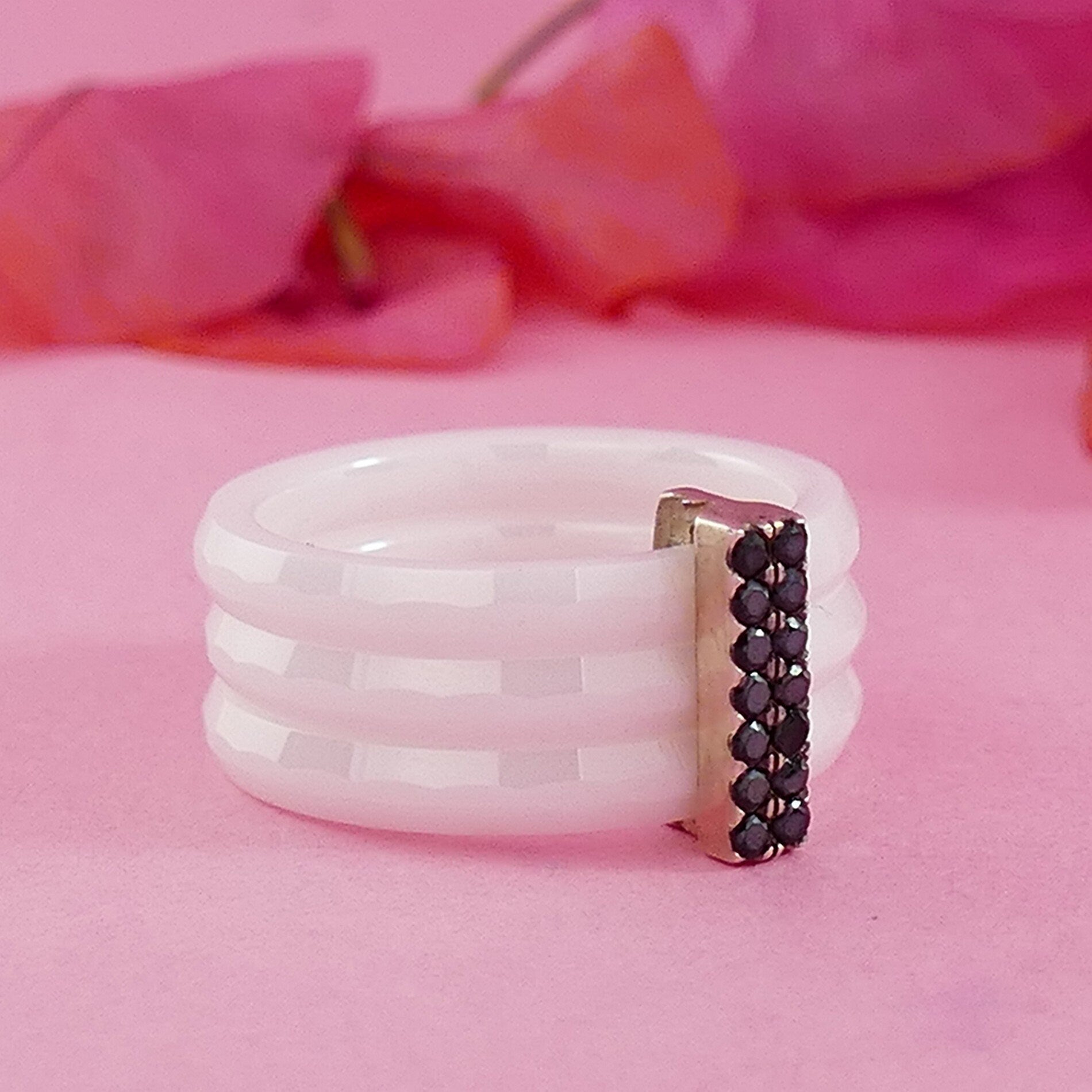 Black Spinel White Ceramic Stackable Ring 925 Sterling Silver, Bohemian ring