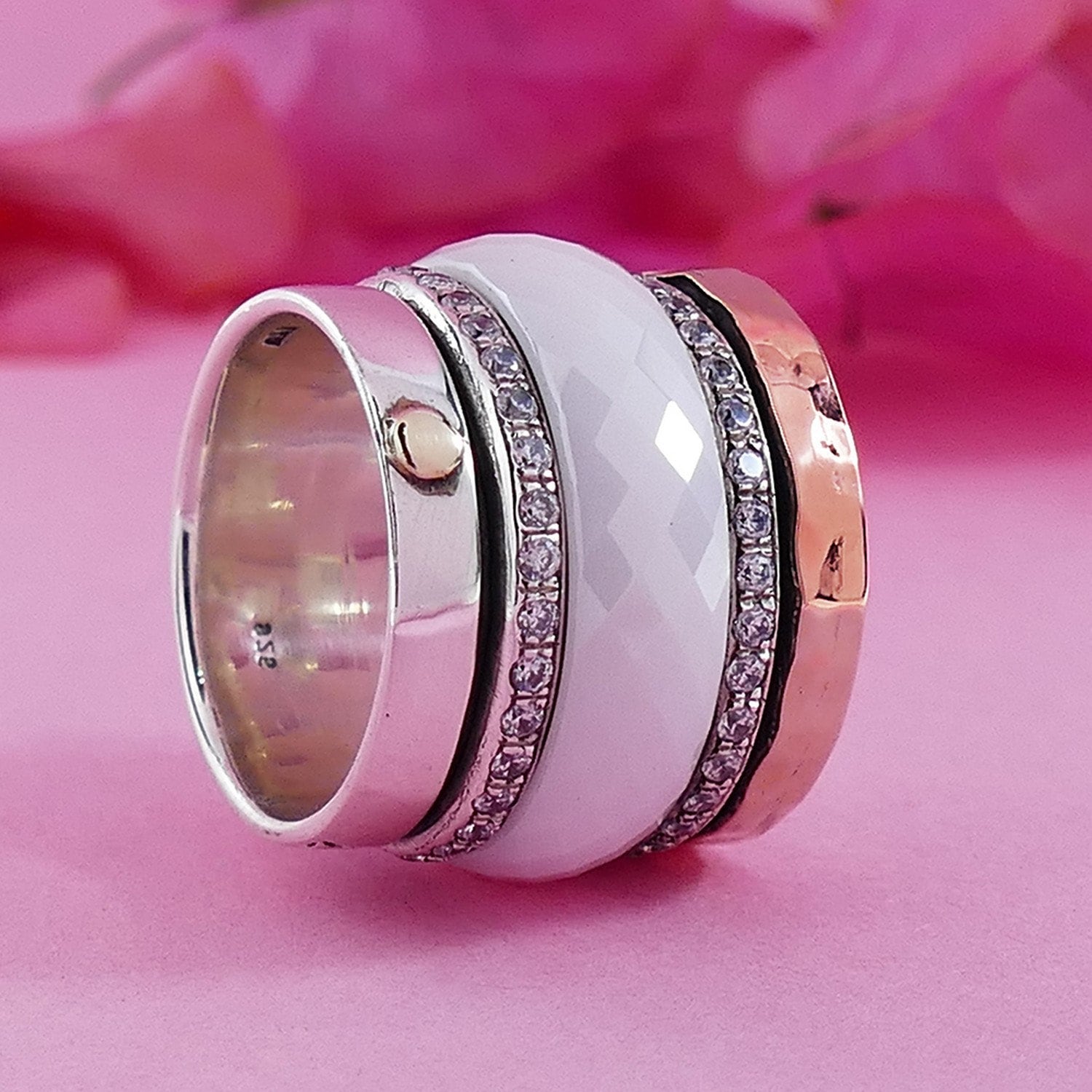 Unique Mix Metal Ring Spinner Ring For Woman Cubic Zirconia Stone Ceramic Two Tone Solid 9k Rose Gold &amp; 925 Sterling Silver Spinner Ring