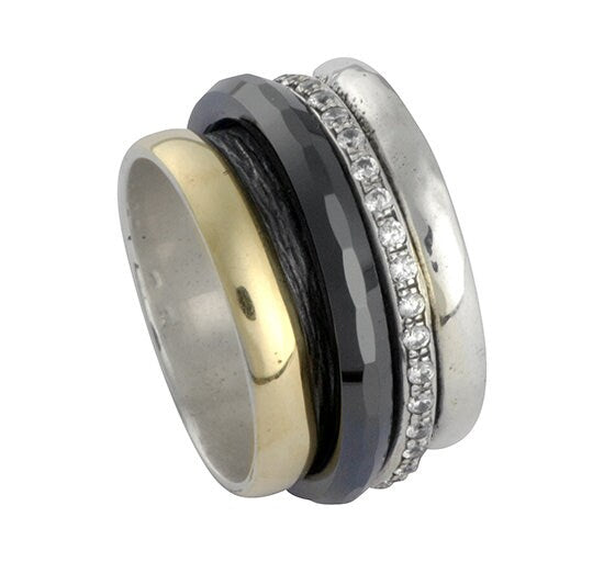 Spinner Ring Cubic Zirconia Stone Two Tone Solid 9k Yellow Gold &amp; 925 Sterling Silver Metal Purity: 9k Main Stone: Cubic Zirconia Total Carat Weight (TCW): 1.6 Thickness mm: 3 Hight Above The Finger mm: 3 Width mm: 14.5 Weight gr.: 13.9