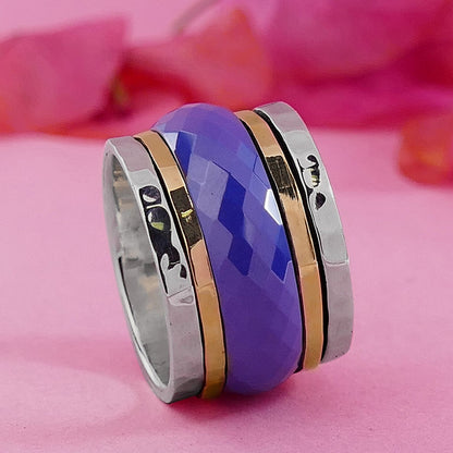 Unique Blue Ceramic Spinner Ring Two Tone Solid 9 karat Yellow Gold and 925 Sterling Silver Fidght Ring