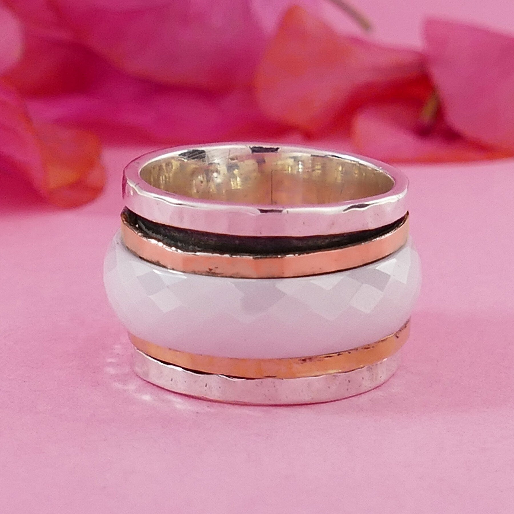 Handmade White Ceramic Spinner Ring 295 Sterling Silver Two Tone Solid 9k Yellow and Rose Gold