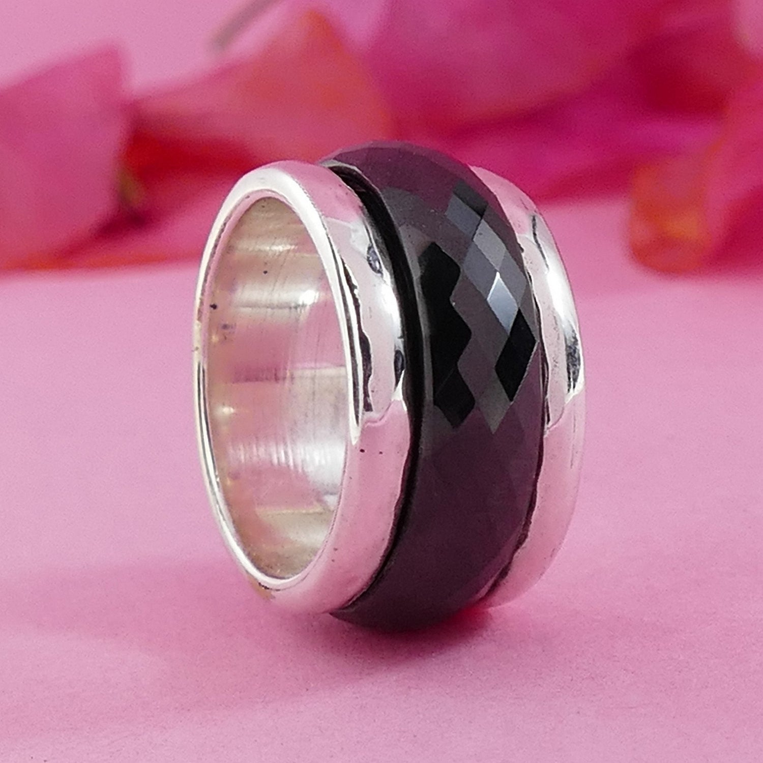 SPIRA Unique Handcrafted Black Ceramic 925 Sterling Silver Unisex Spinner Ring Set Setting,Oxidized Silver Fidget ring,worry ring,Large ring