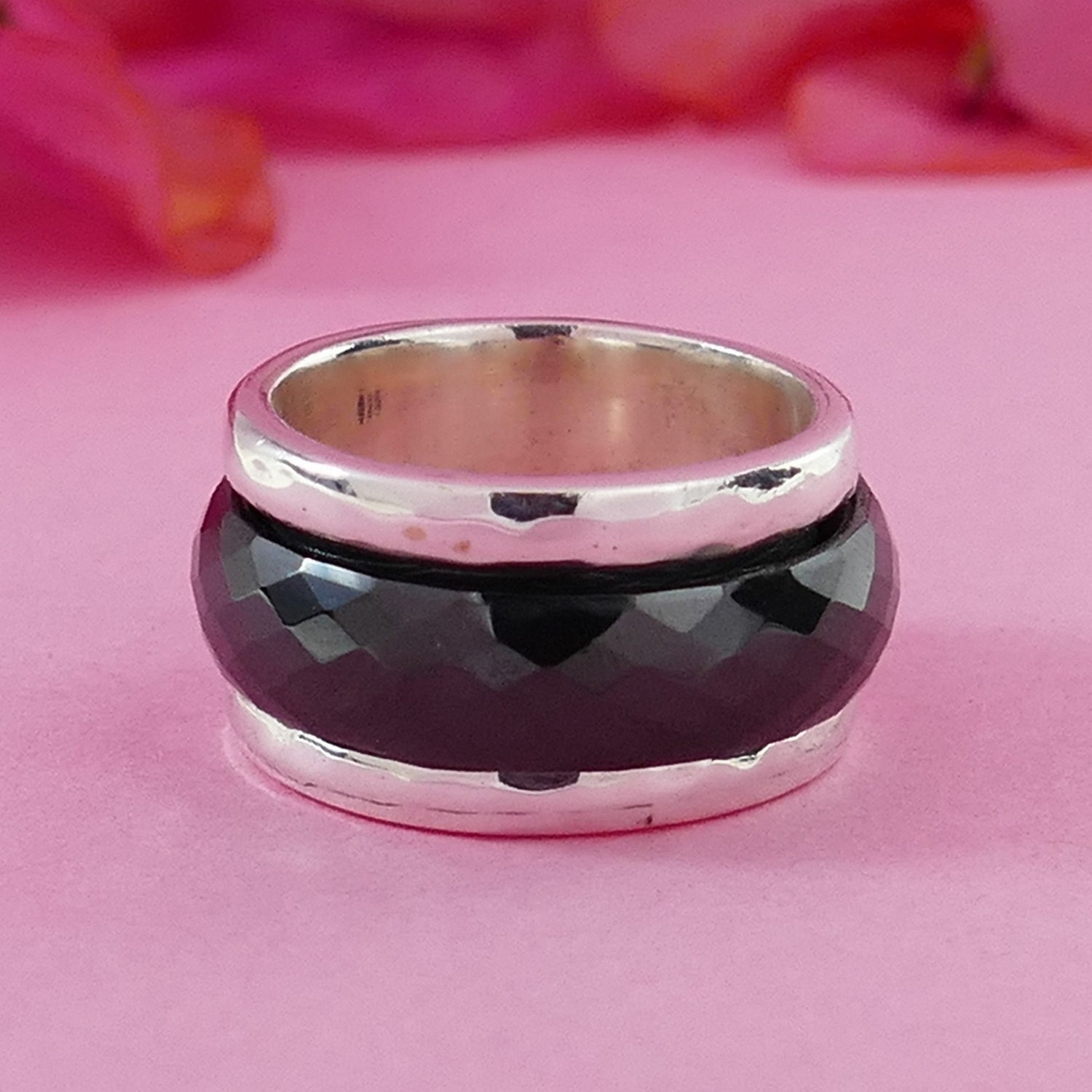 SPIRA Unique Handcrafted Black Ceramic 925 Sterling Silver Unisex Spinner Ring Set Setting,Oxidized Silver Fidget ring,worry ring,Large ring