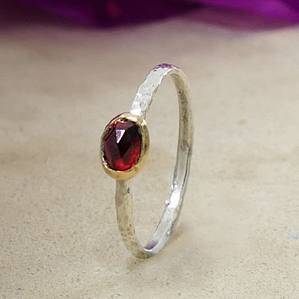 0.6 Carat Red Garnet, Two Tone 9k Gold & 925 Silver, Oval Solitaire Ring
