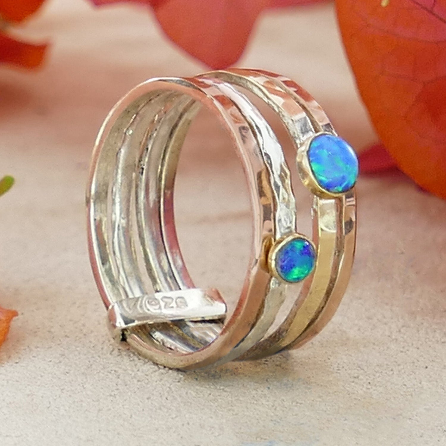 Unique Blue Opal Stones Statment Ring Two Tone Solid 9 karat Yellow and Rose Gold 925 Sterling Silver