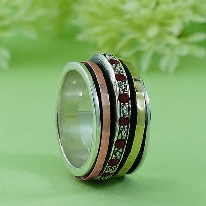 1.6 Carat Natural Red Garnet Gemstone Two Tone Solid 9k Yellow &amp; Rose Gold 925 Sterling Silver Spinner Ring Set Setting