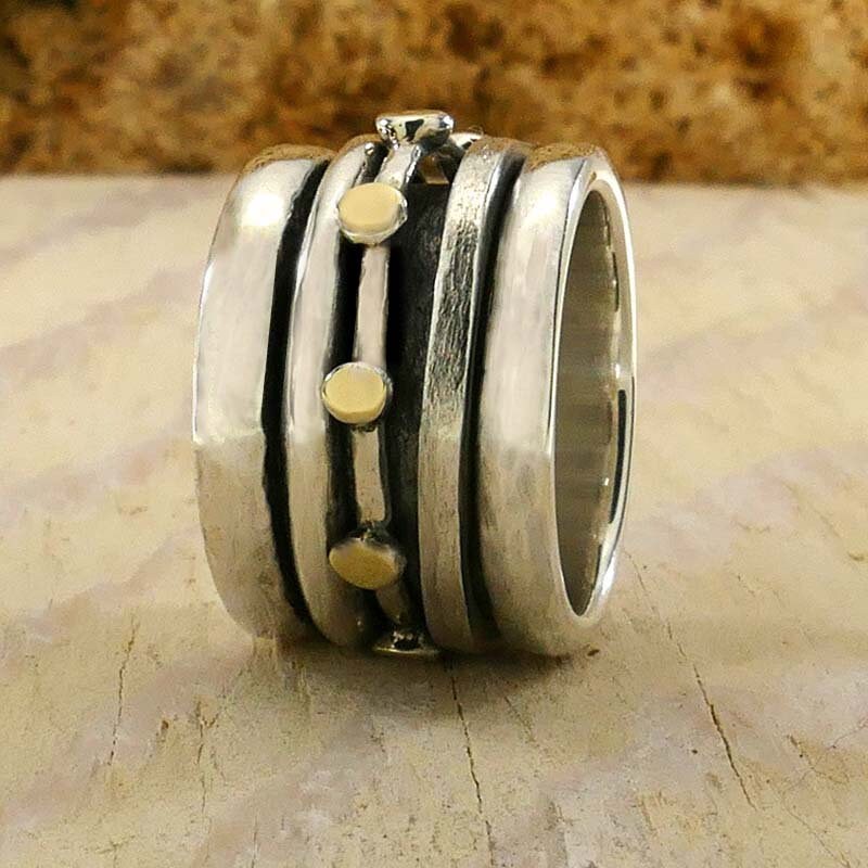 SPIRA Handcrafted Contemporary Design Two Tone Solid 9k Yellow Gold &amp; 925 Sterling Silver Spinner Ring,Unique unisex ring,mixed metal ring