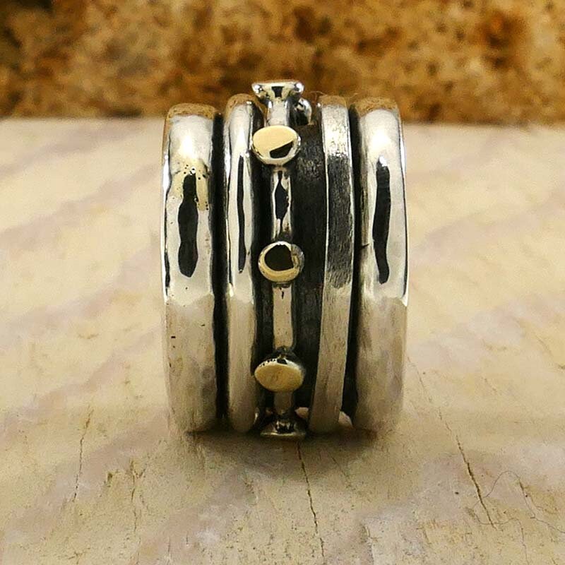 SPIRA Handcrafted Contemporary Design Two Tone Solid 9k Yellow Gold &amp; 925 Sterling Silver Spinner Ring,Unique unisex ring,mixed metal ring