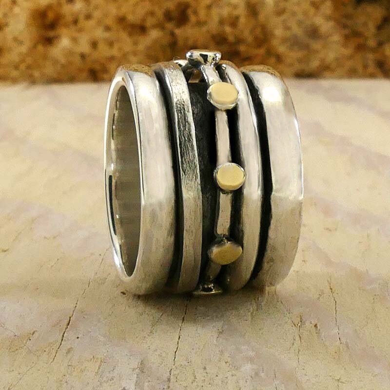 SPIRA Handcrafted Contemporary Design Two Tone Solid 9k Yellow Gold &amp; 925 Sterling Silver Spinner Ring,Unique unisex ring,mixed metal ring