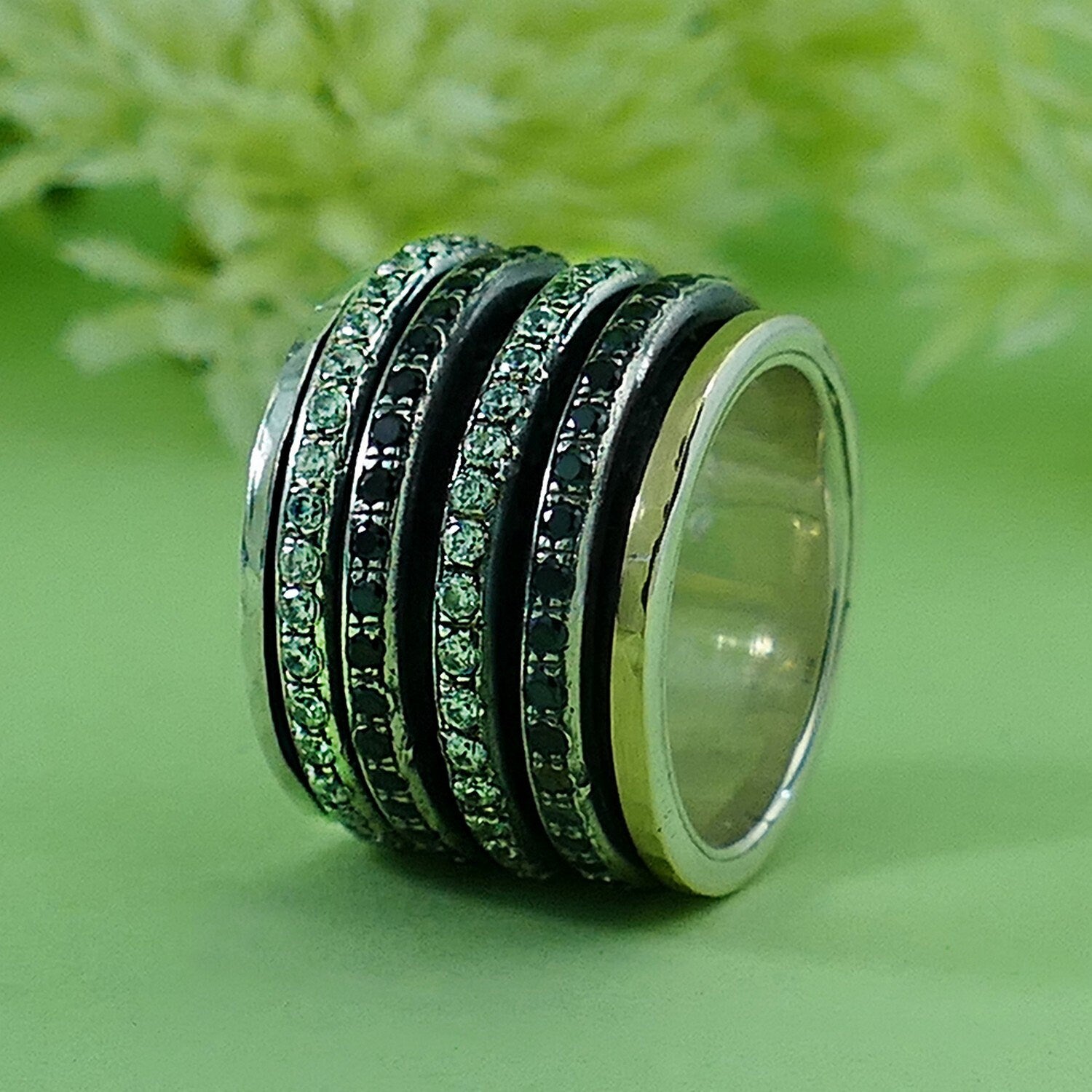Mixed Metal Spinner Ring Cubic Zirconia And Black Spinel Gemstone Two Tone Solid 9k Yellow Gold &amp; 925 Sterling Silver