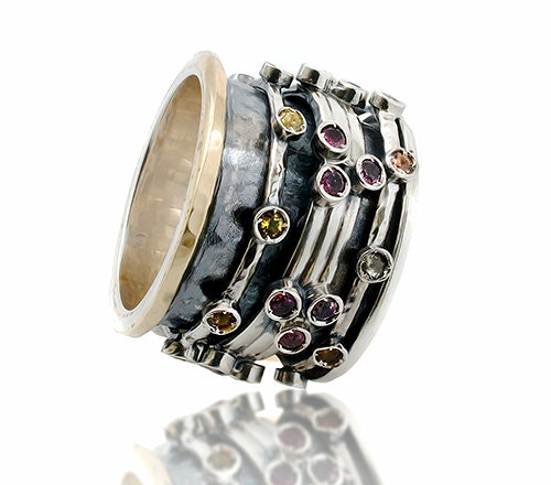 Natural Multi-Color Tourmaline Gemstone Two Tone Solid 9k Yellow Gold &amp; 925 Sterling Silver Spinner Ring Main Stone: Tourmaline Main Stone Creation: Natural Main Stone Treatment: Not Enhanced Total Carat Weight (TCW): 2.96