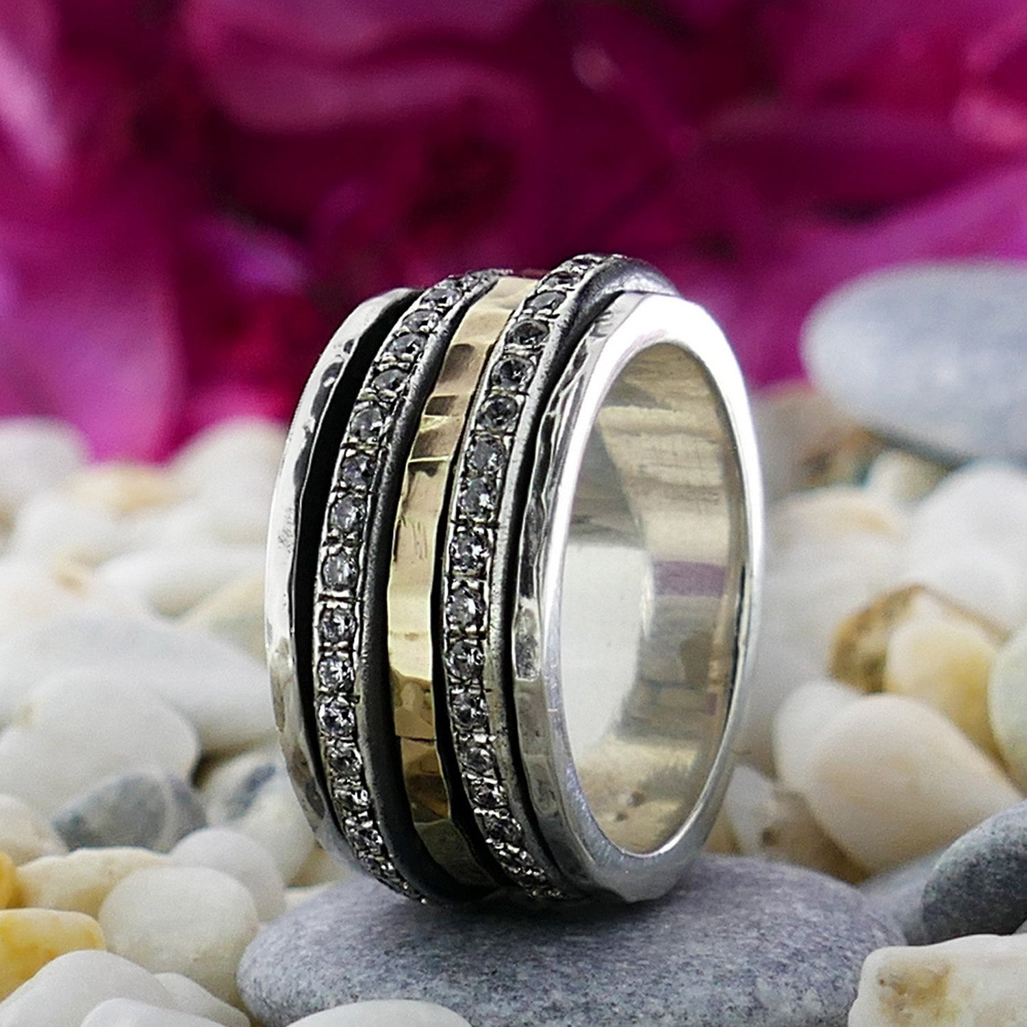 White Cubic Zirconia Stone Two Tone Solid 9k Yellow Gold &amp; 925 Sterling Silver Spinner Ring Metal Purity: 9k Main Stone: Cubic Zirconia Total Carat Weight (TCW): 6.4 Spinner rings quantity: 3 Thickness mm: 2.5 Width mm: 11 Weight gr.: 14.3